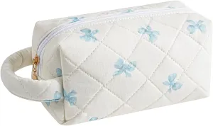 JOVAKIT Travel Makeup Bag Cosmetic Bag for Women, Fashion Christmas Gifts, Floral Flowers Coquette Toiletry Bag with Handle, Zipper Make Up Pouch Organizer Bag Trendy Stuff (Blue Bow Tie)