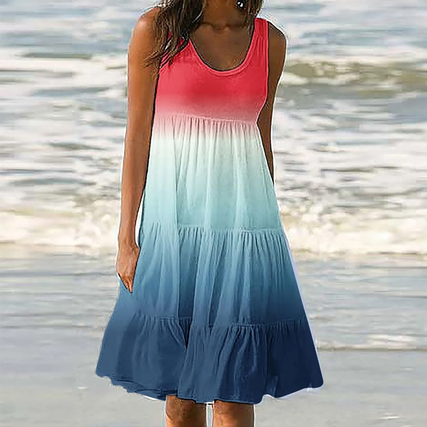 jsaierl Women's Sleeveless Ruffle Mini Dress Fashion Gradient Tank Cami Dress Summer Flowy High Waited A Line Tie Dye Dresses