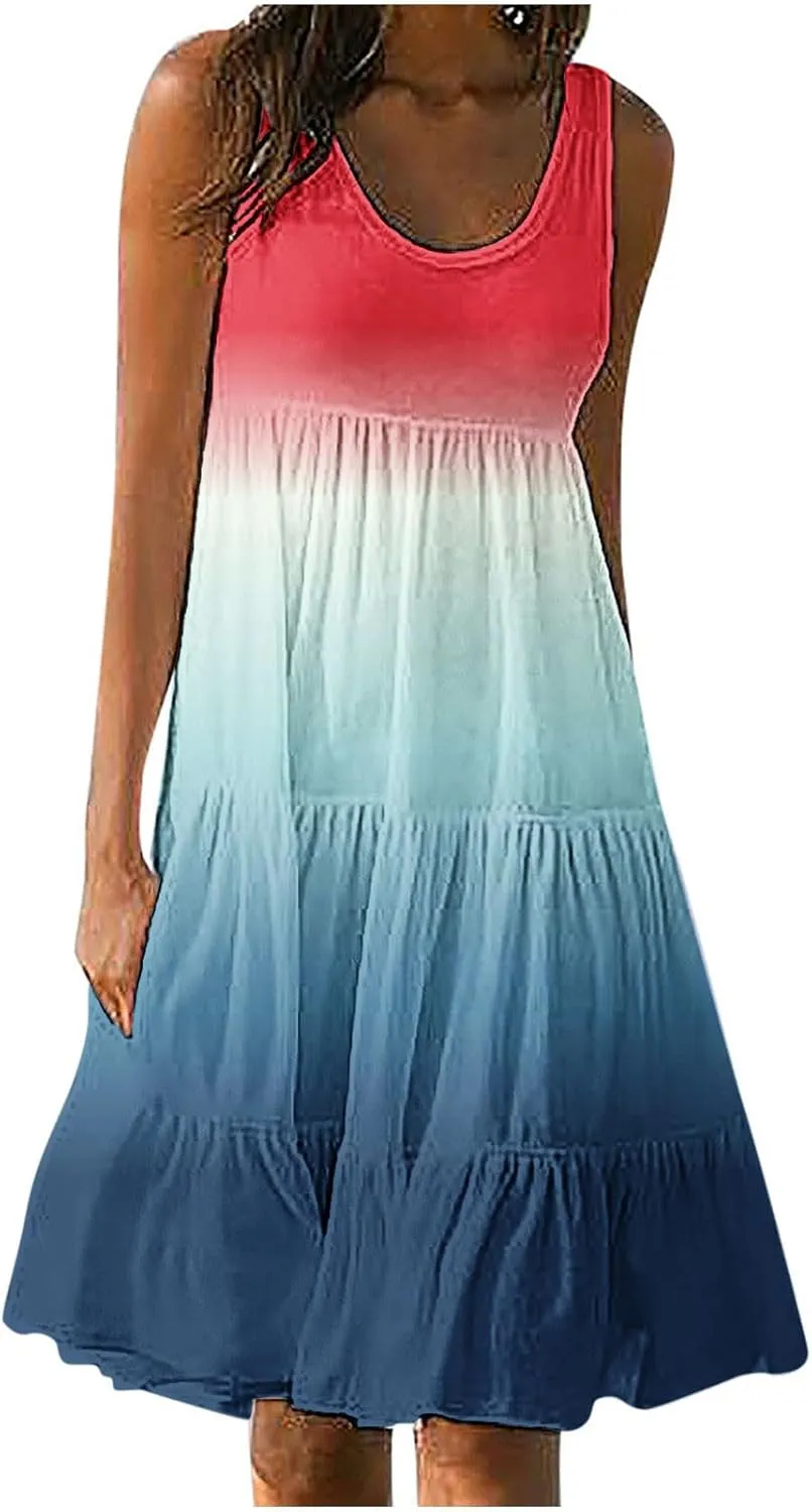 jsaierl Women's Sleeveless Ruffle Mini Dress Fashion Gradient Tank Cami Dress Summer Flowy High Waited A Line Tie Dye Dresses