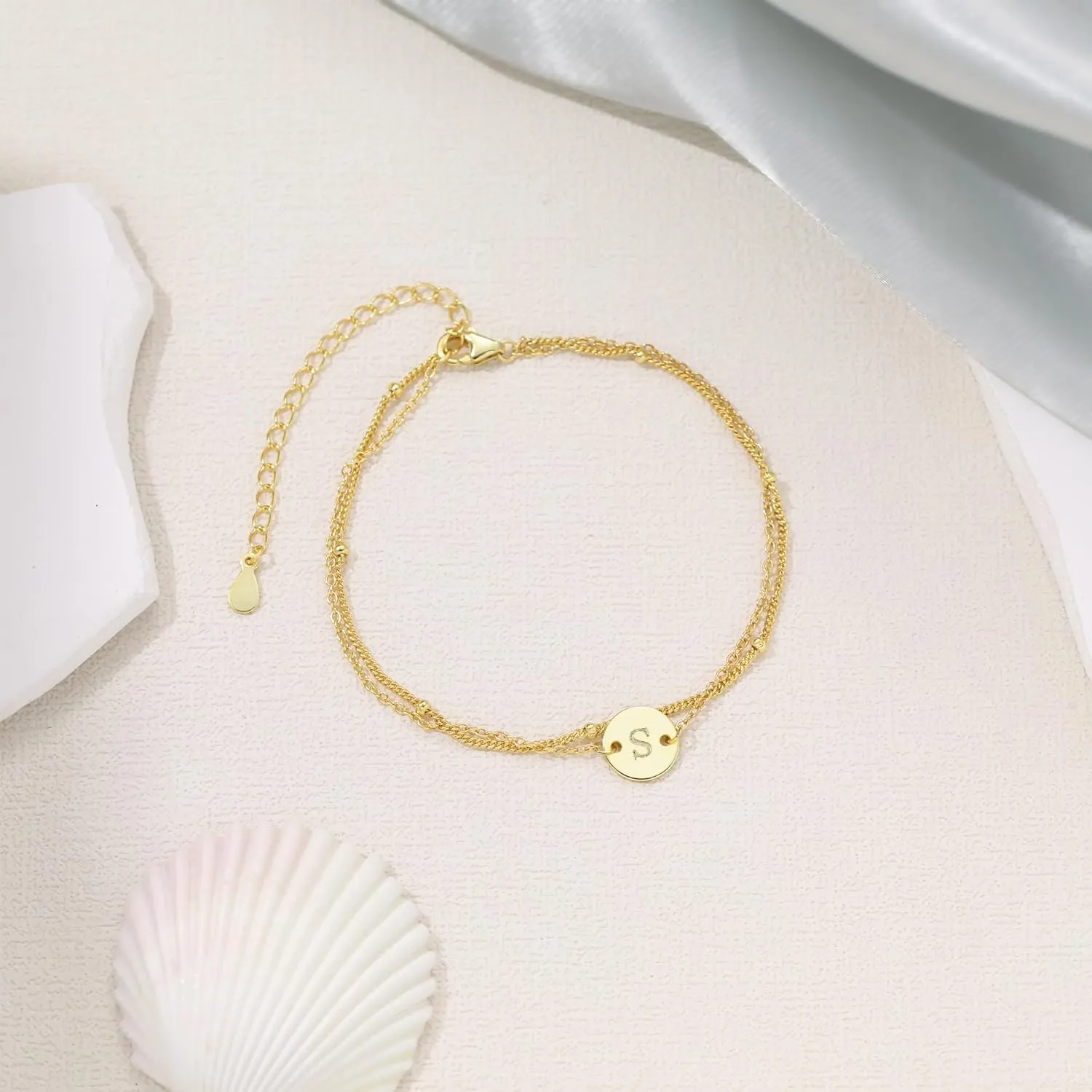 JSJOY S925 Initial Bracelet Stack Birthday Gifts for Women 925 Sterling Silver Bracelets for Women Trendy Letter A-Z Gold Bracelets for Women Gifts