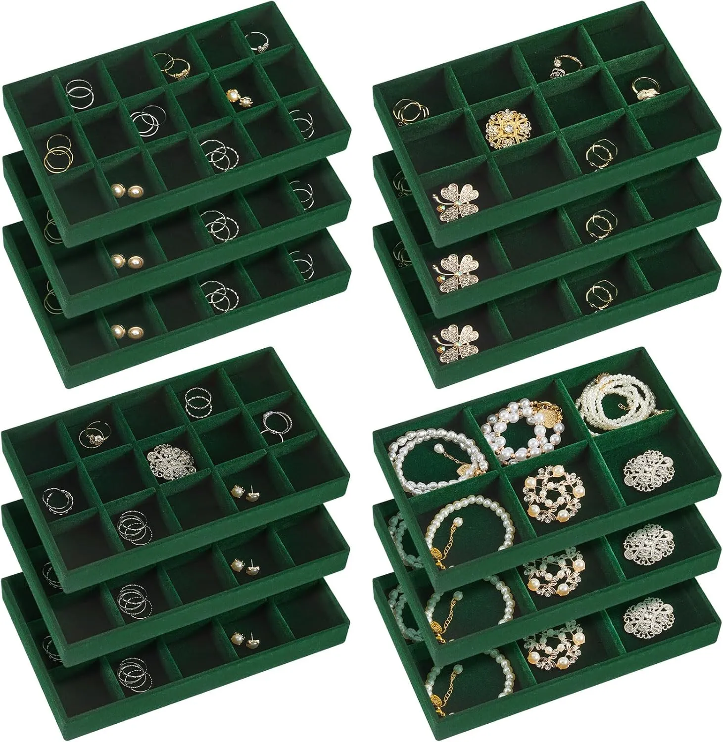Junkin 12 Pcs Jewelry Tray Velvet Stackable Jewelry Organizer Trays Divided Earring Accessories Storage Containers Box