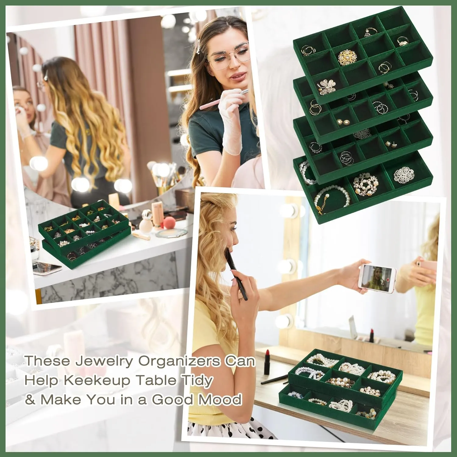 Junkin 12 Pcs Jewelry Tray Velvet Stackable Jewelry Organizer Trays Divided Earring Accessories Storage Containers Box