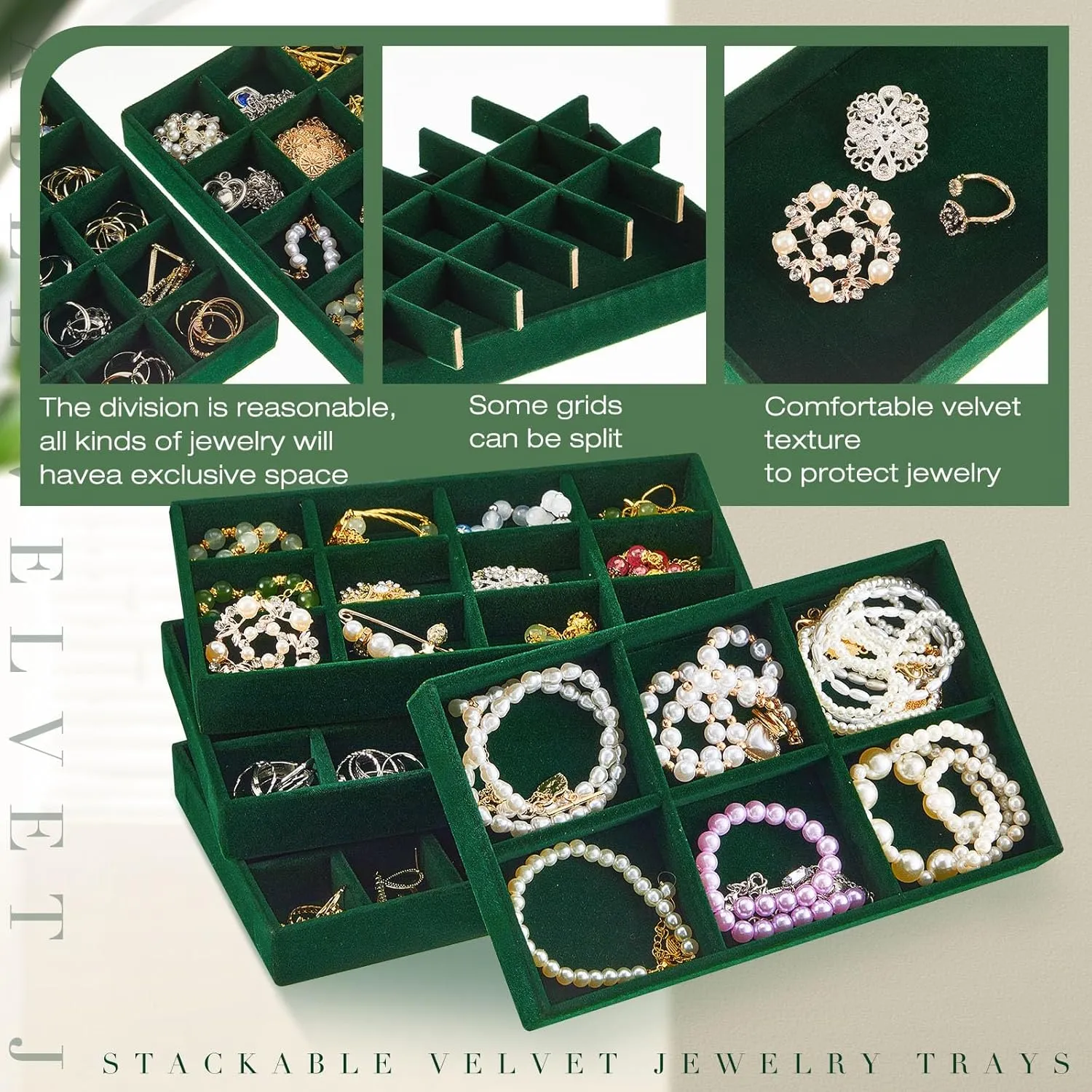 Junkin 12 Pcs Jewelry Tray Velvet Stackable Jewelry Organizer Trays Divided Earring Accessories Storage Containers Box