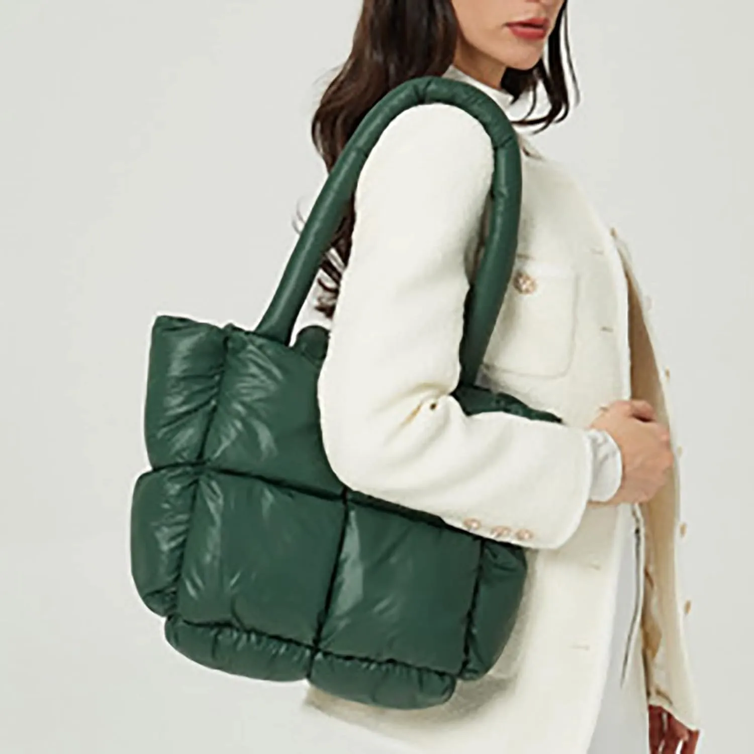 Ladies Large Quilted Tote Bag Winter Soft Quilted Shoulder Bag Down Shoulder Bags Ladies Handbag Small (Green, One Size)