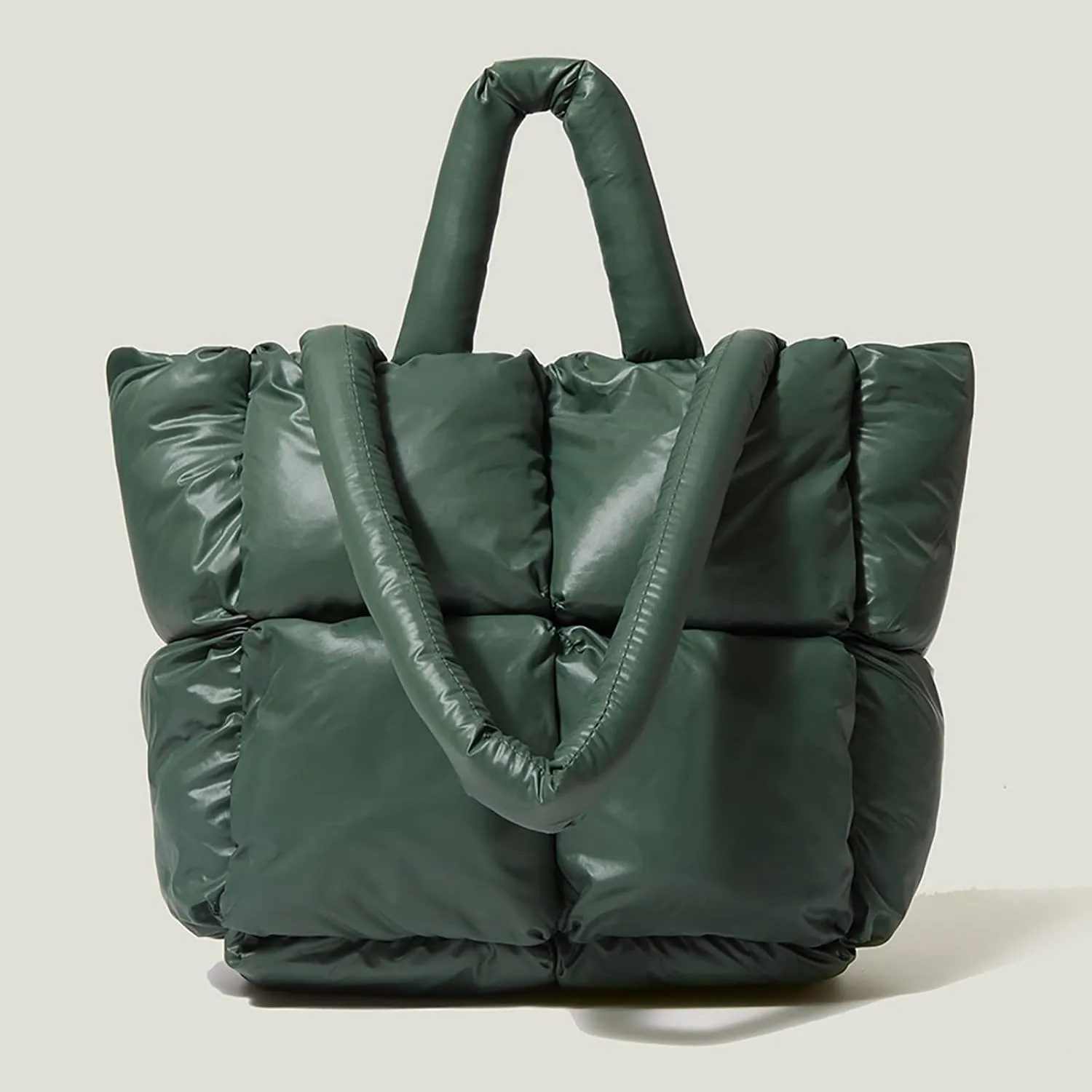Ladies Large Quilted Tote Bag Winter Soft Quilted Shoulder Bag Down Shoulder Bags Ladies Handbag Small (Green, One Size)