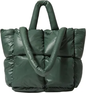 Ladies Large Quilted Tote Bag Winter Soft Quilted Shoulder Bag Down Shoulder Bags Ladies Handbag Small (Green, One Size)