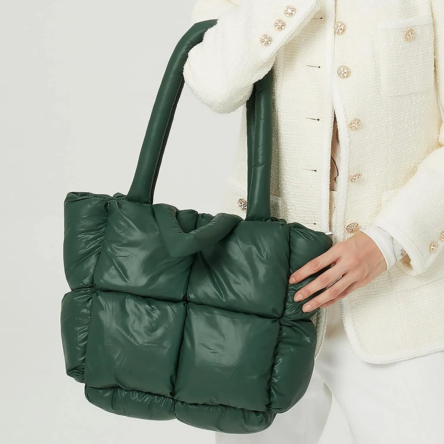 Ladies Large Quilted Tote Bag Winter Soft Quilted Shoulder Bag Down Shoulder Bags Ladies Handbag Small (Green, One Size)