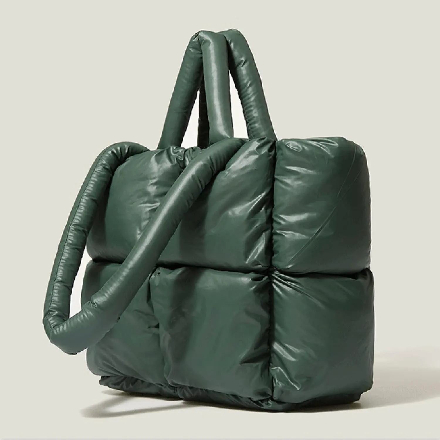 Ladies Large Quilted Tote Bag Winter Soft Quilted Shoulder Bag Down Shoulder Bags Ladies Handbag Small (Green, One Size)
