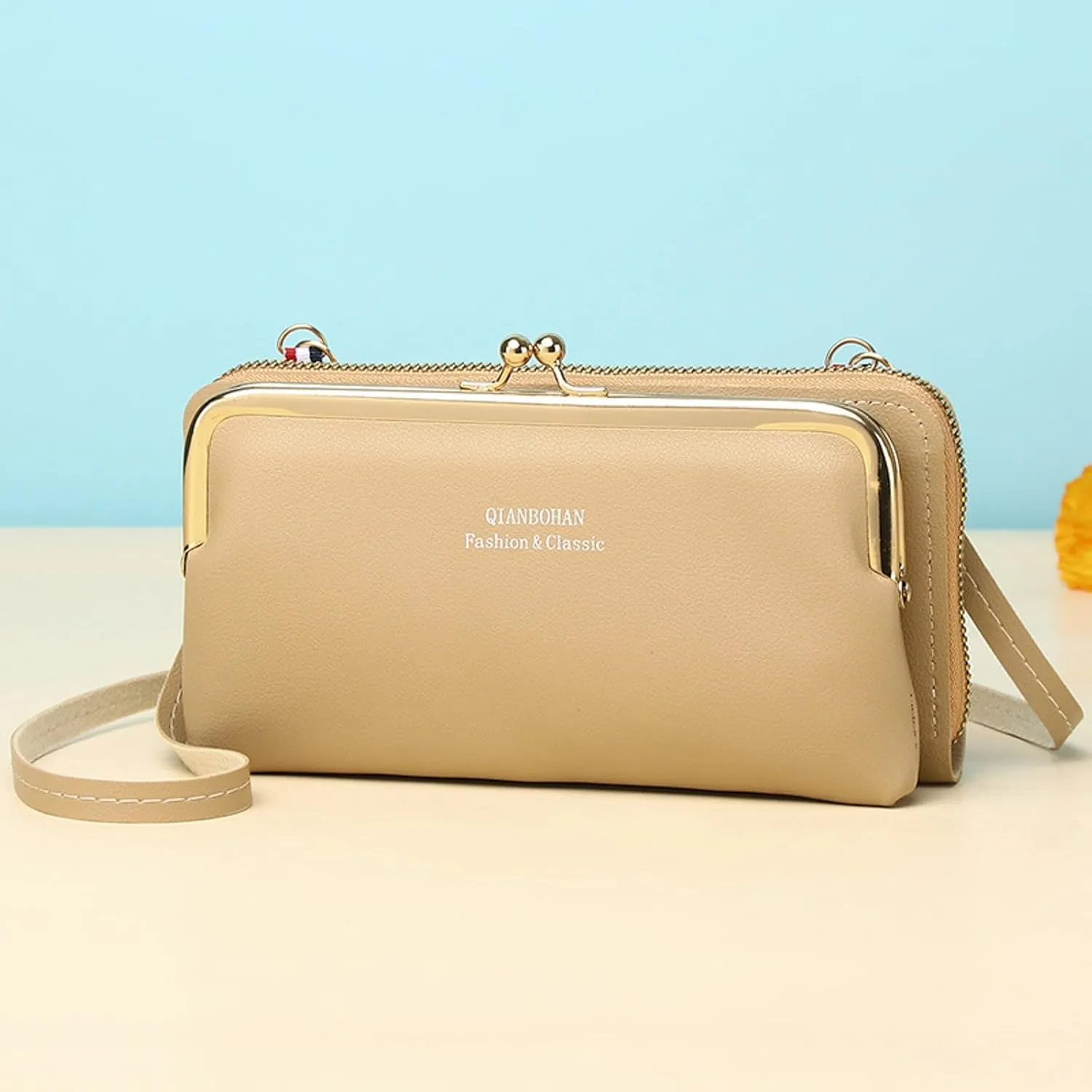 Ladies New Leather Zipper Crossbody Handbag Fashionable Solid Color Compartment Crossbody Shoulder Bag (Khaki, One Size)