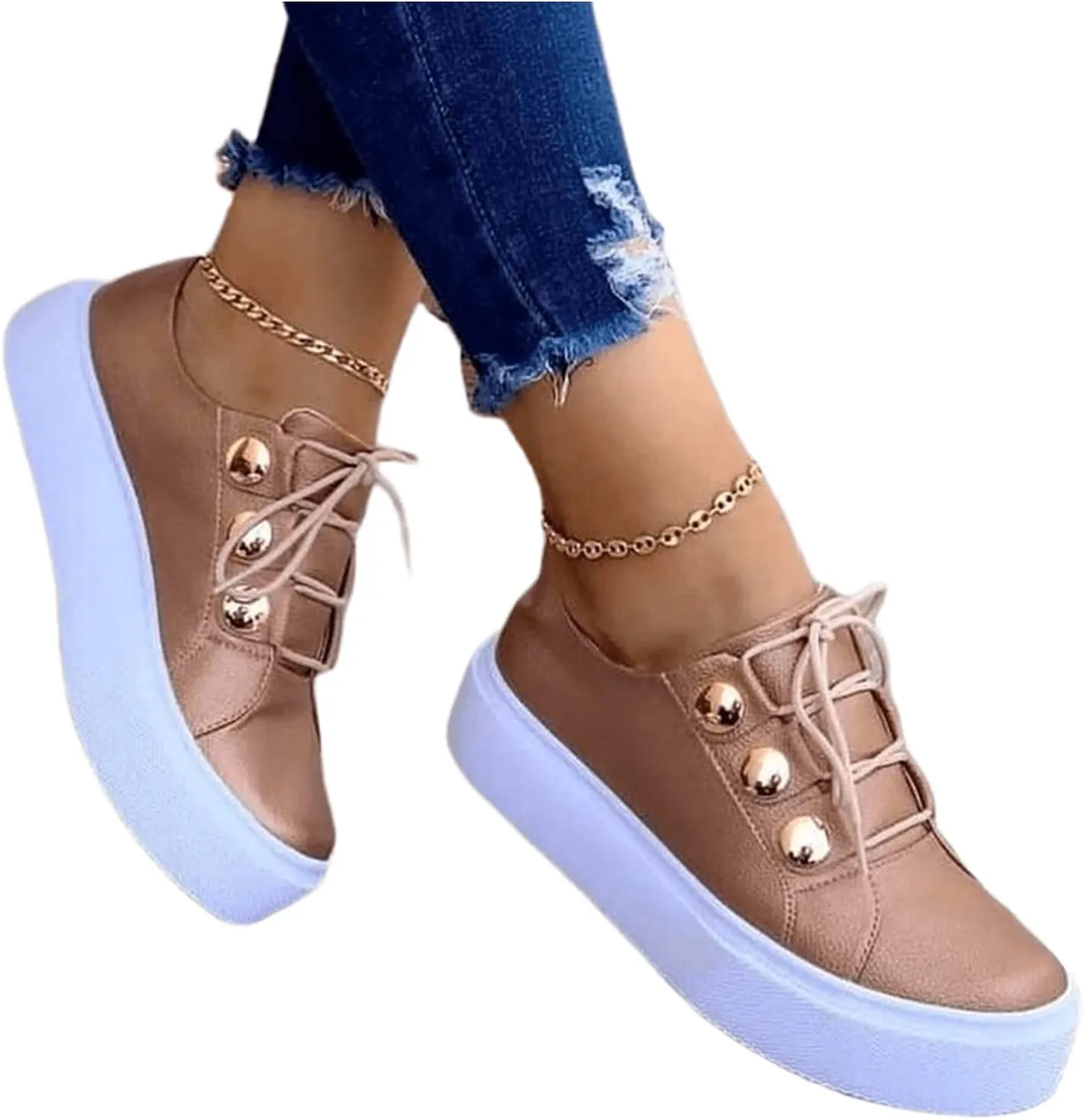Ladmiple Sneakers For Women Slip On Wide Width Casual Leather Walking Shoes Dressy Casual Summer Lace Up Platform Loafer