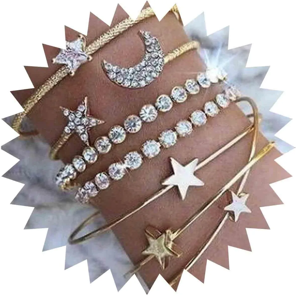 Layered Moon Star Bracelets Gold Rhinestone Chain Bracelet Tennis Chain Bracelets Open Cuff Bracelet Vintage Crystal Bracelet Hand Chain Jewelry for Women 4Pcs
