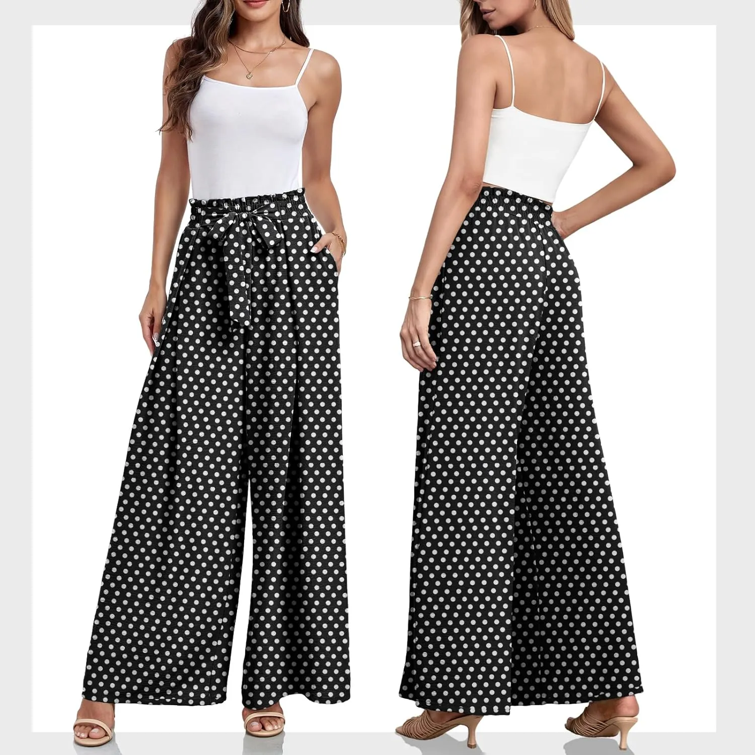 Lepunuo Wide Leg Pants for Women High Waisted Palazzo Pants Work Casual Flowy Tie Knot Trousers with Pockets