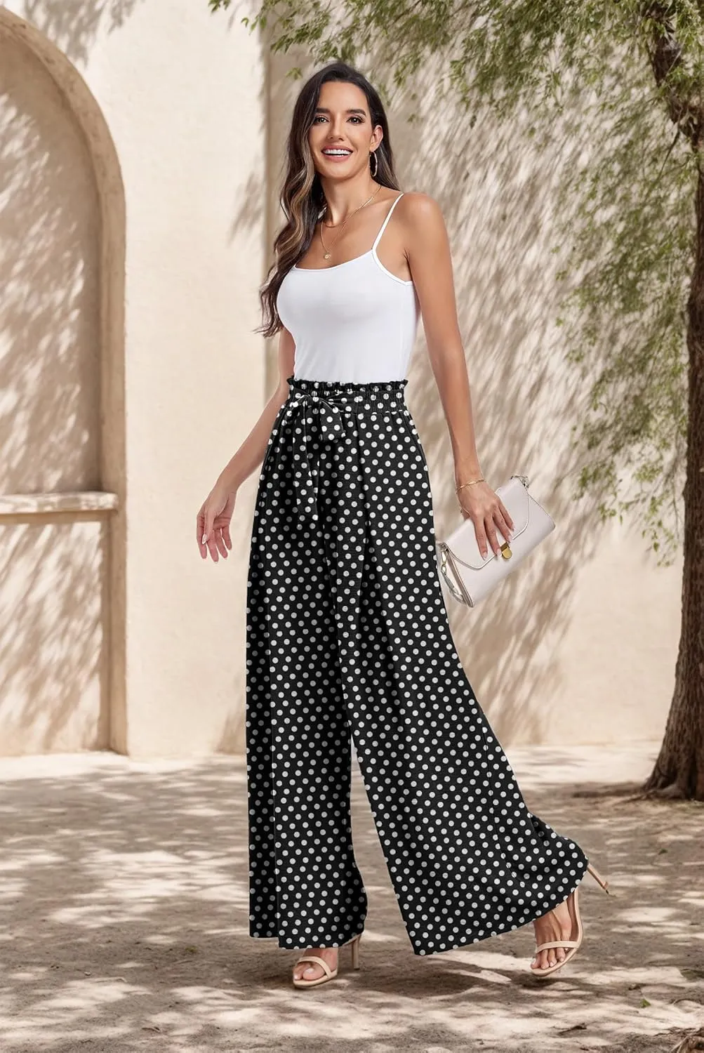 Lepunuo Wide Leg Pants for Women High Waisted Palazzo Pants Work Casual Flowy Tie Knot Trousers with Pockets