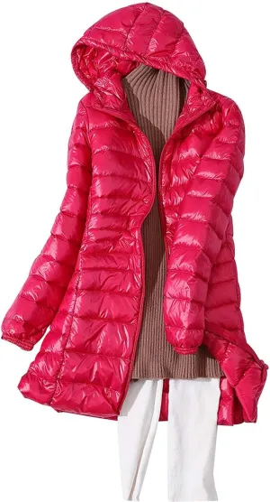 Lightweight Jacket Women Women's Solid Color Mid Length Hooded Down Jacket With Drawstring Slim Fit Womens Black
