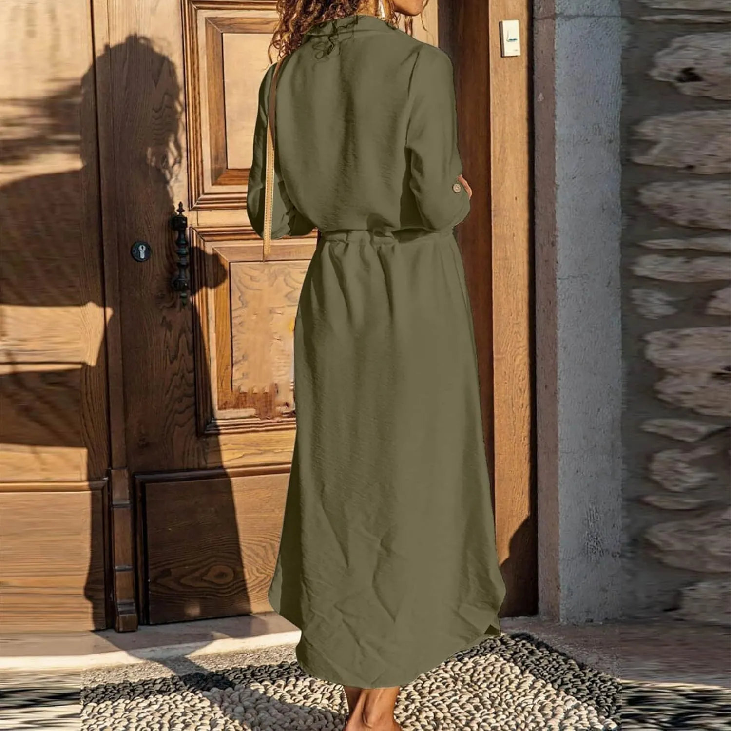 Linen Cotton Shirt Dresses for Women Button Down Drawstring Casual Dress Plain Long Maxi Dress Trendy Ladies Outfits