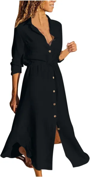 Linen Cotton Shirt Dresses for Women Button Down Drawstring Casual Dress Plain Long Maxi Dress Trendy Ladies Outfits