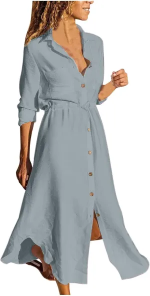 Linen Cotton Shirt Dresses for Women Button Down Drawstring Casual Dress Plain Long Maxi Dress Trendy Ladies Outfits