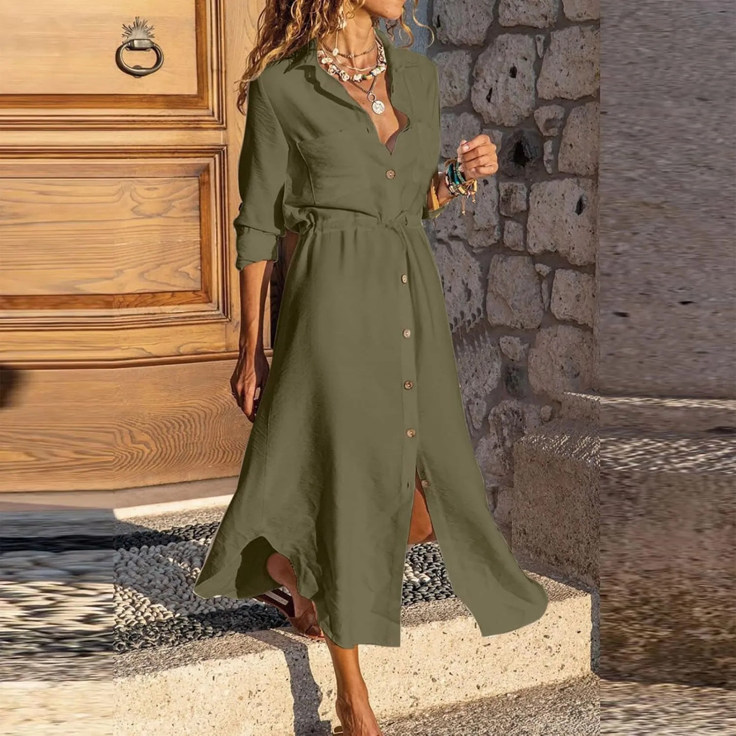 Linen Cotton Shirt Dresses for Women Button Down Drawstring Casual Dress Plain Long Maxi Dress Trendy Ladies Outfits