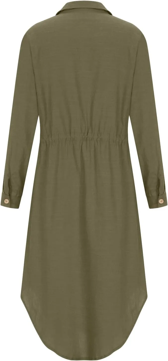 Linen Cotton Shirt Dresses for Women Button Down Drawstring Casual Dress Plain Long Maxi Dress Trendy Ladies Outfits