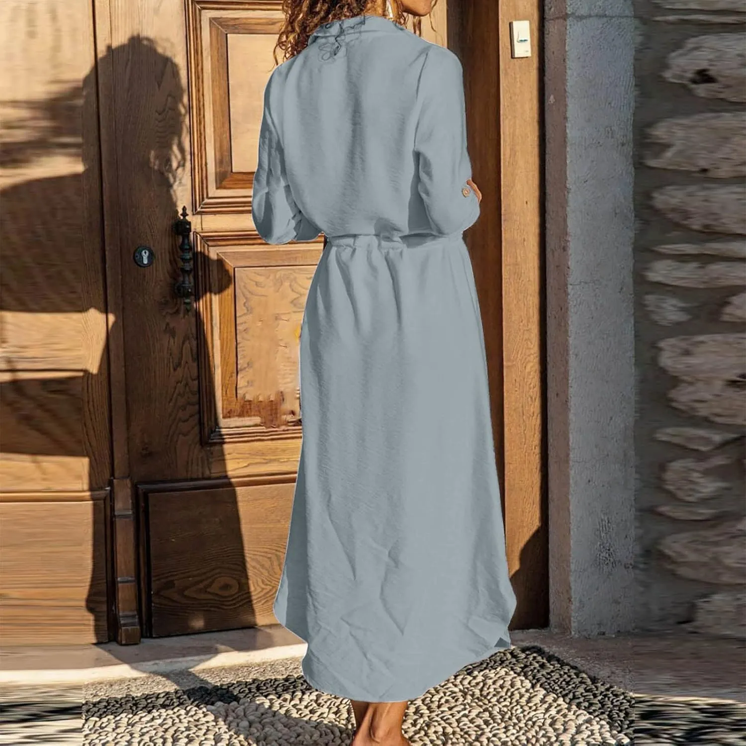 Linen Cotton Shirt Dresses for Women Button Down Drawstring Casual Dress Plain Long Maxi Dress Trendy Ladies Outfits