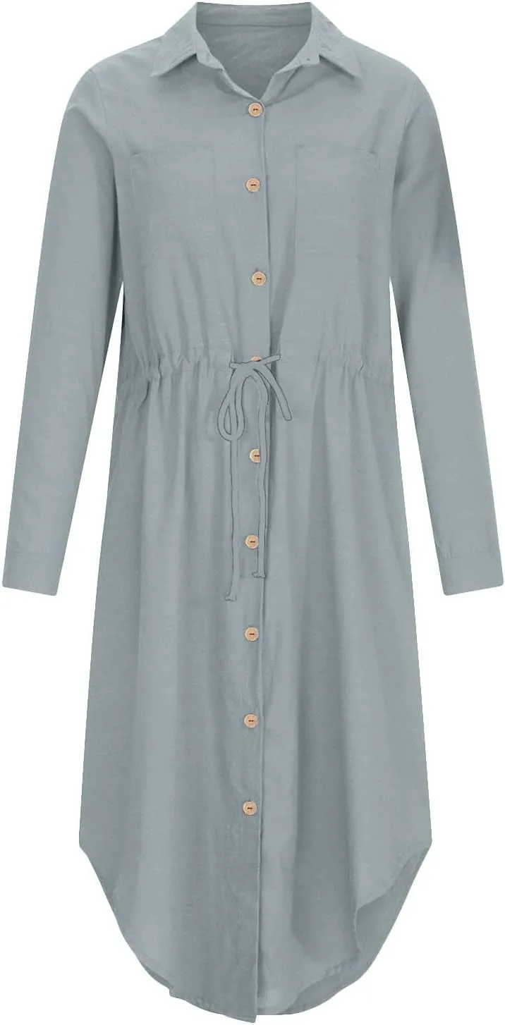 Linen Cotton Shirt Dresses for Women Button Down Drawstring Casual Dress Plain Long Maxi Dress Trendy Ladies Outfits