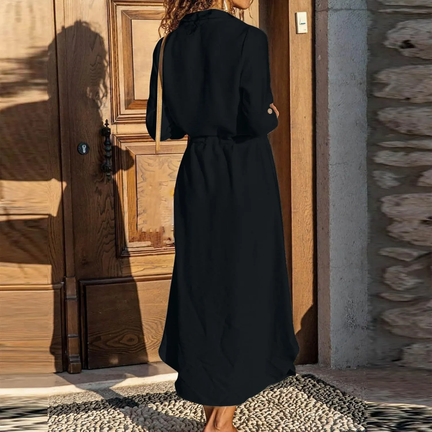 Linen Cotton Shirt Dresses for Women Button Down Drawstring Casual Dress Plain Long Maxi Dress Trendy Ladies Outfits