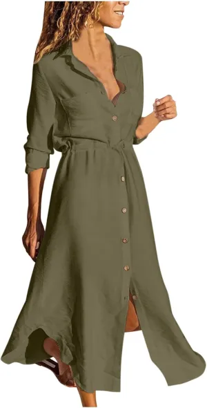 Linen Cotton Shirt Dresses for Women Button Down Drawstring Casual Dress Plain Long Maxi Dress Trendy Ladies Outfits
