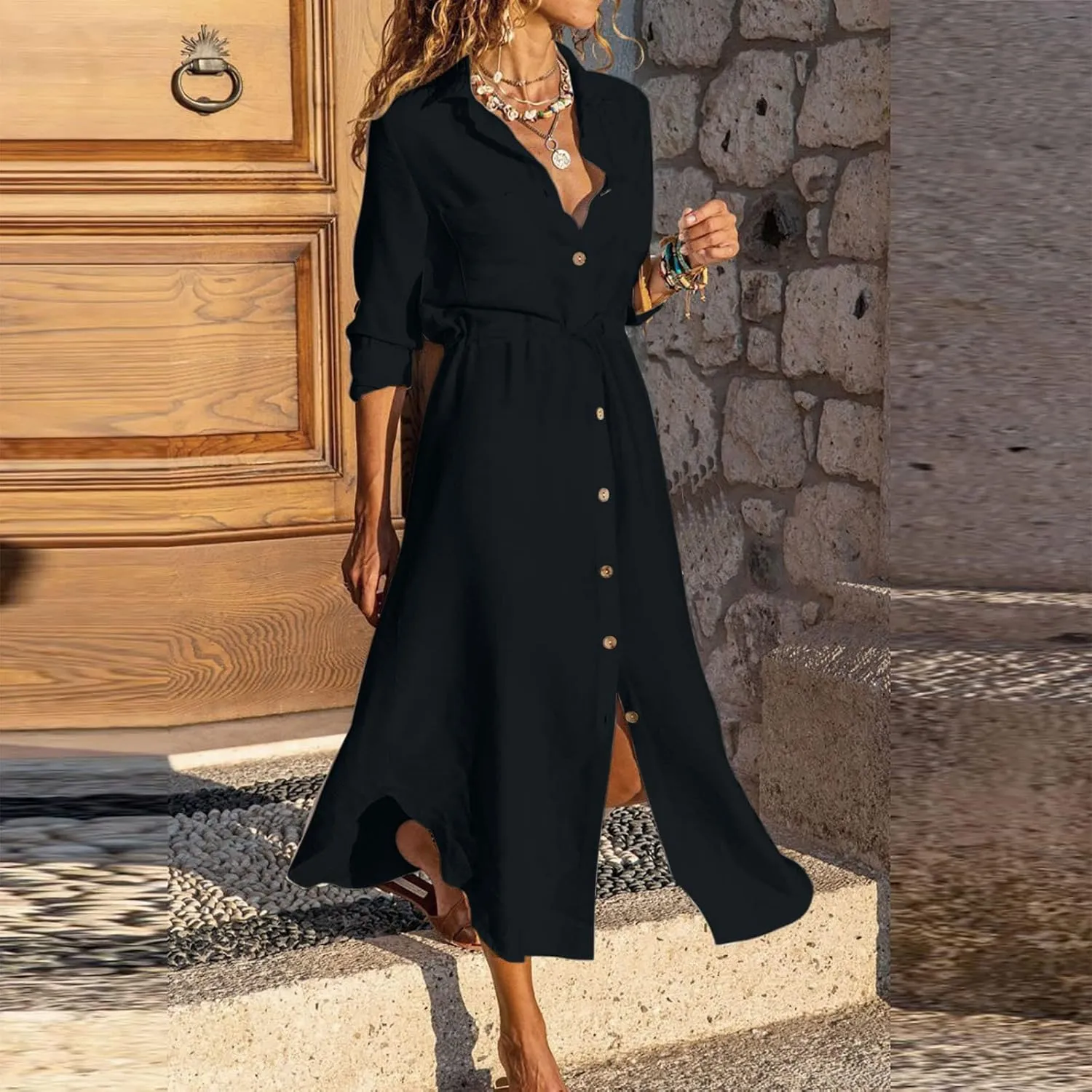 Linen Cotton Shirt Dresses for Women Button Down Drawstring Casual Dress Plain Long Maxi Dress Trendy Ladies Outfits