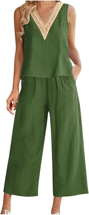 Linen Set for Women 2024 Summer 2 Piece Outfits Vacation Matching Tank Top Capri Pant Sets Tank Wide Leg Lounge Set