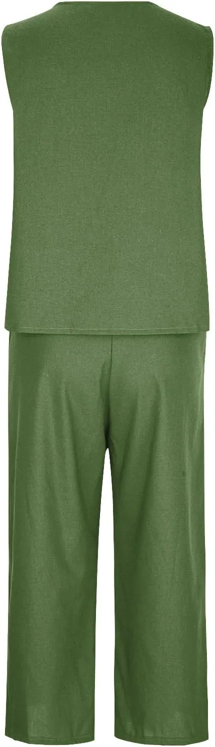 Linen Set for Women 2024 Summer 2 Piece Outfits Vacation Matching Tank Top Capri Pant Sets Tank Wide Leg Lounge Set