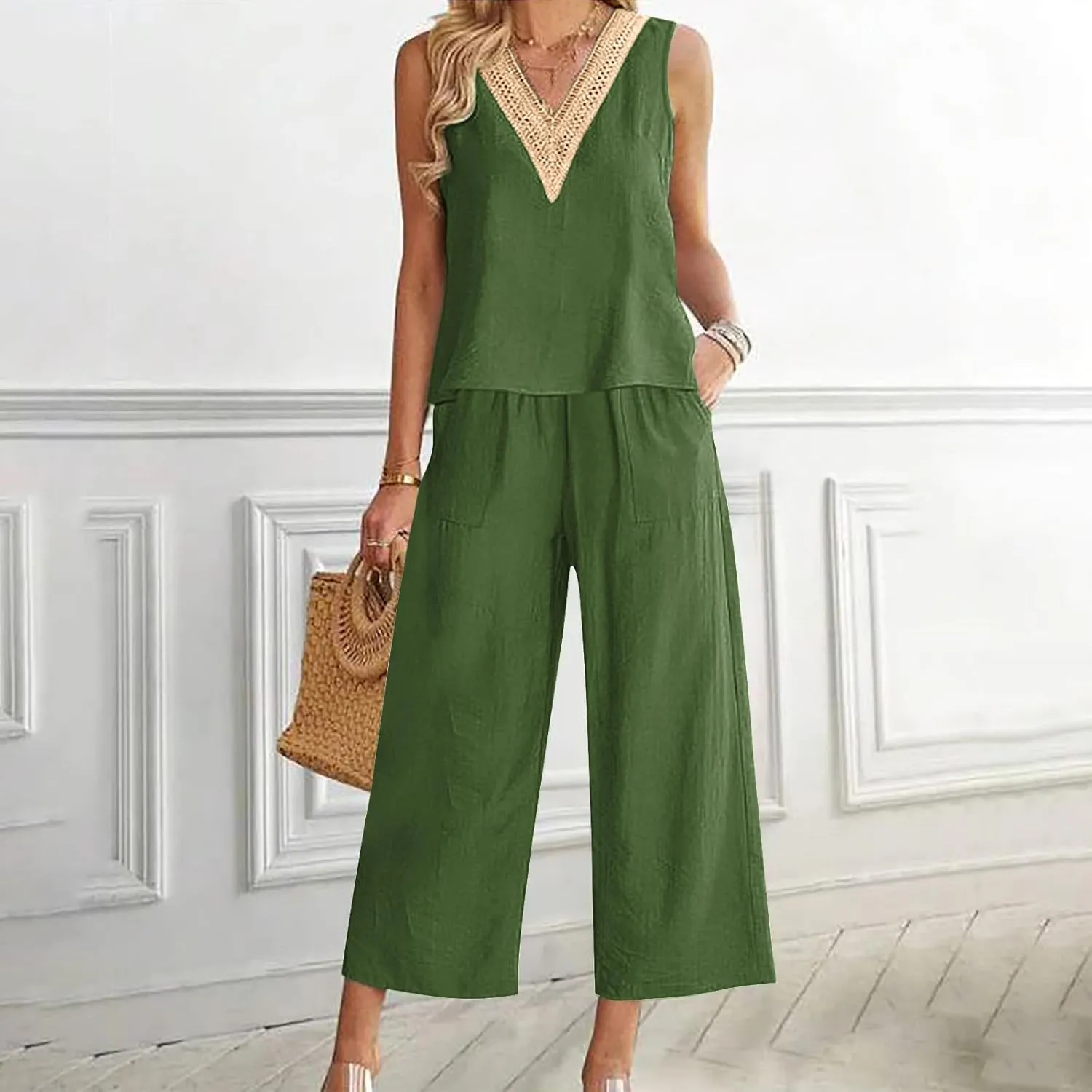 Linen Set for Women 2024 Summer 2 Piece Outfits Vacation Matching Tank Top Capri Pant Sets Tank Wide Leg Lounge Set