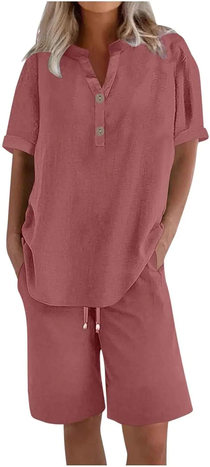 Linen Sets For Women 2 Piece Short Sleeve Shirts & Wide Leg Shorts Loose Fit Casual Cotton Linen Sets Outfits