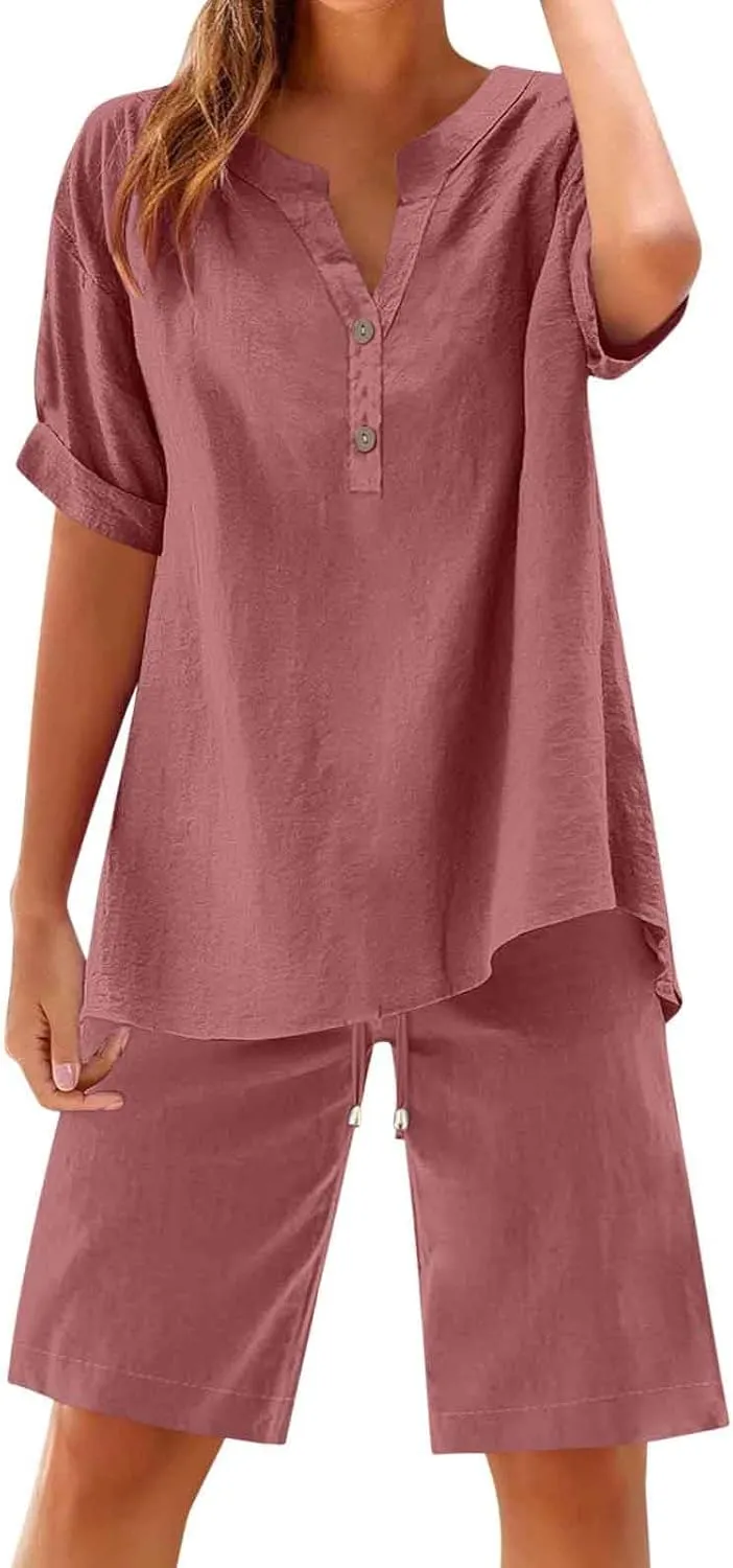 Linen Sets For Women 2 Piece Short Sleeve Shirts & Wide Leg Shorts Loose Fit Casual Cotton Linen Sets Outfits