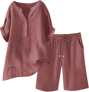 Linen Sets For Women 2 Piece Short Sleeve Shirts & Wide Leg Shorts Loose Fit Casual Cotton Linen Sets Outfits