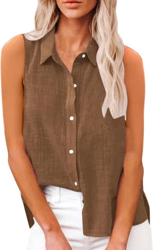 Linen Tank Tops for Women Button Down Sleeveless Shirts Collared V Neck Loose Blouse Summer Casual Lightweight Tees