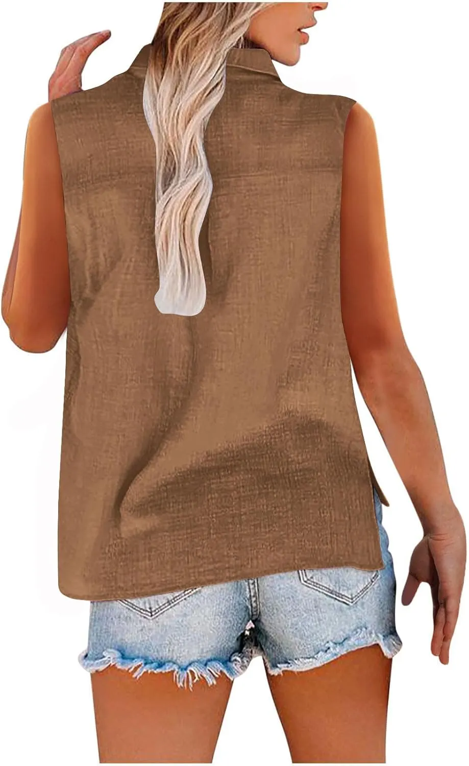 Linen Tank Tops for Women Button Down Sleeveless Shirts Collared V Neck Loose Blouse Summer Casual Lightweight Tees