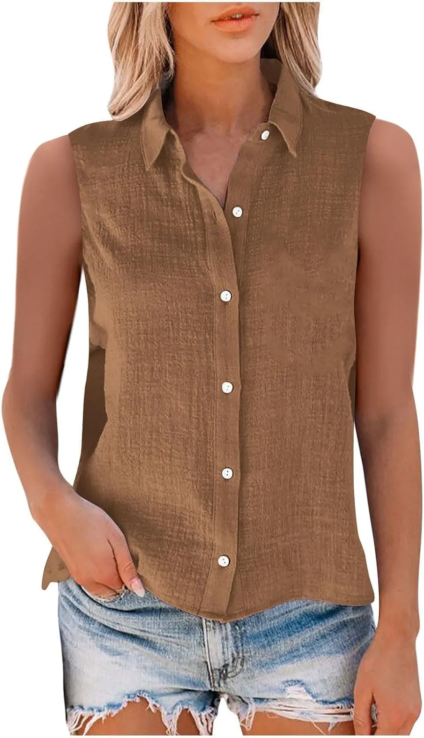 Linen Tank Tops for Women Button Down Sleeveless Shirts Collared V Neck Loose Blouse Summer Casual Lightweight Tees