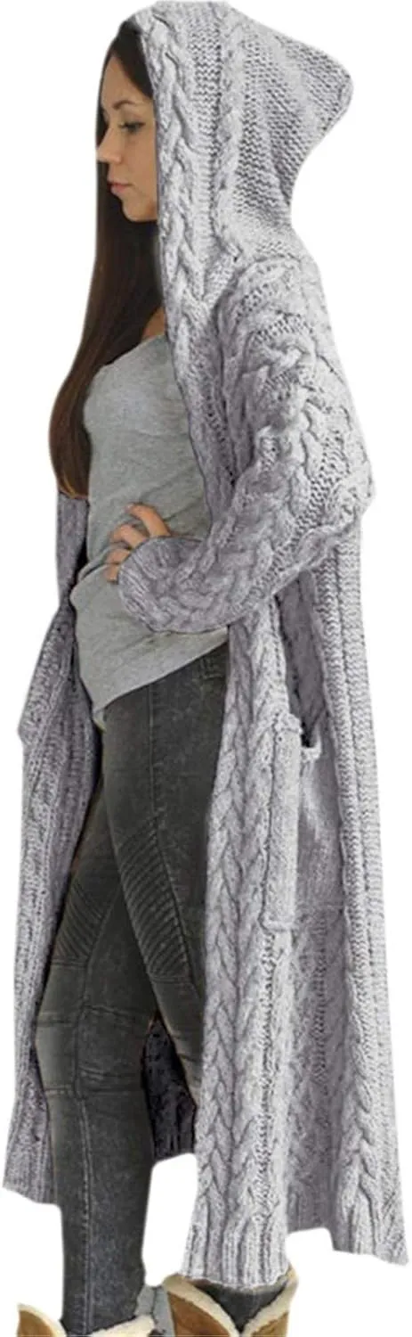 Long Loose Sweater Cardigan Winter Coat Hooded Women Solid Knitted Solid Pocket Women's Coat Women Open