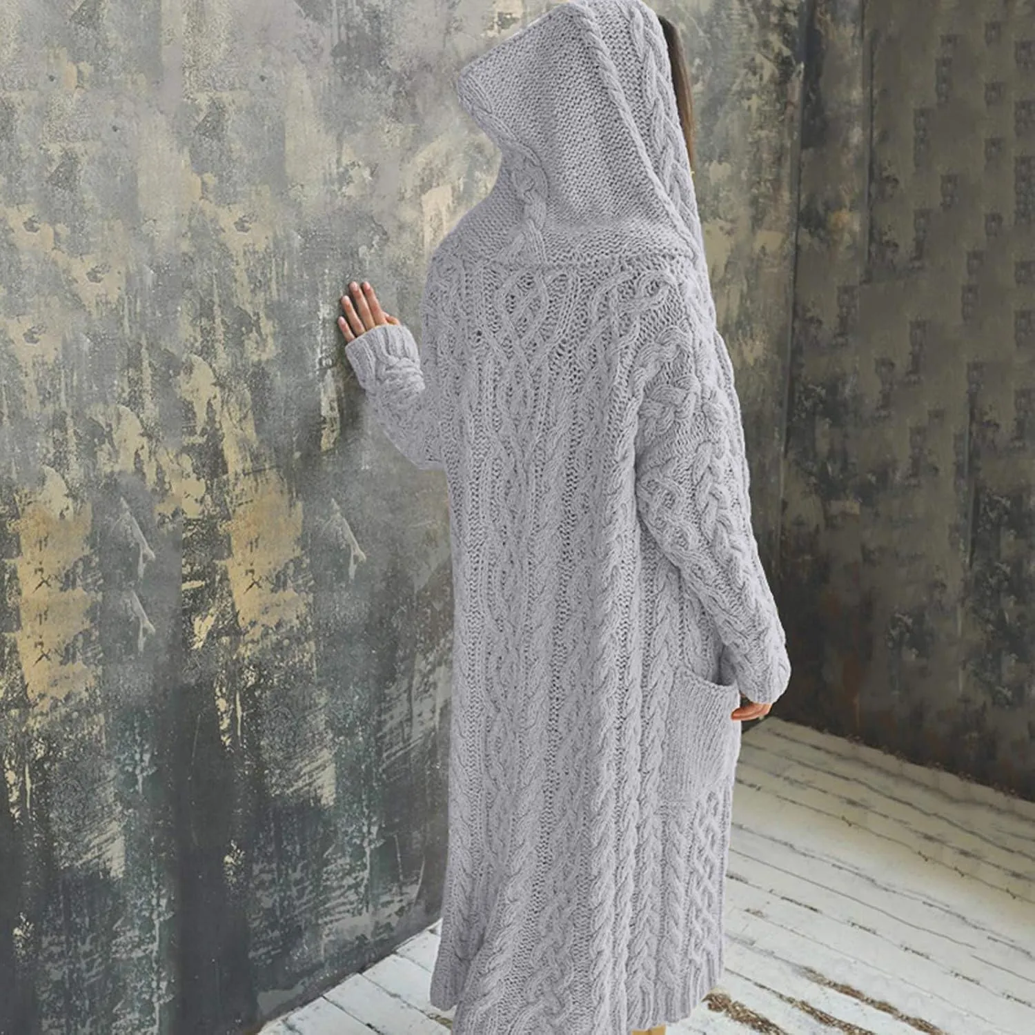 Long Loose Sweater Cardigan Winter Coat Hooded Women Solid Knitted Solid Pocket Women's Coat Women Open