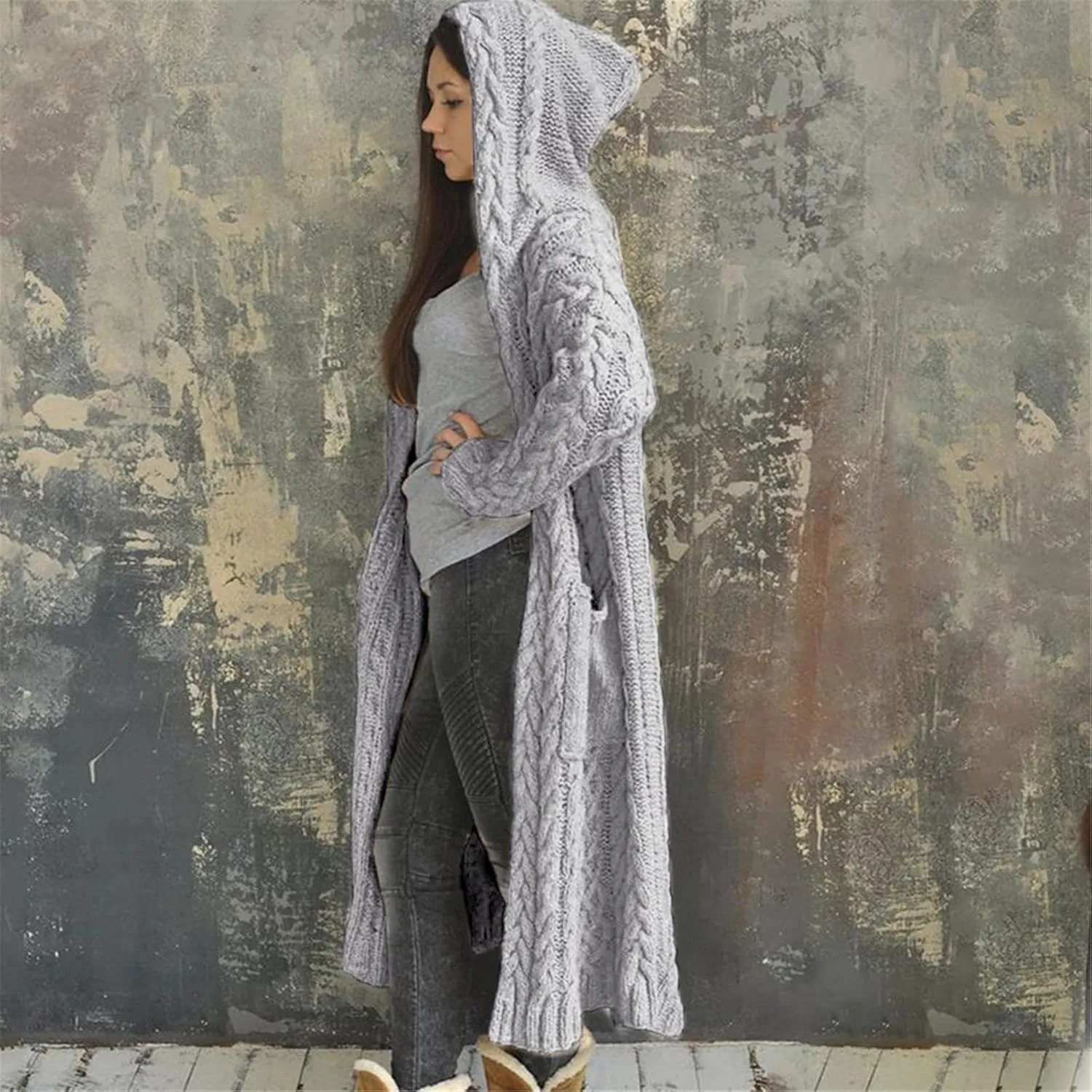 Long Loose Sweater Cardigan Winter Coat Hooded Women Solid Knitted Solid Pocket Women's Coat Women Open