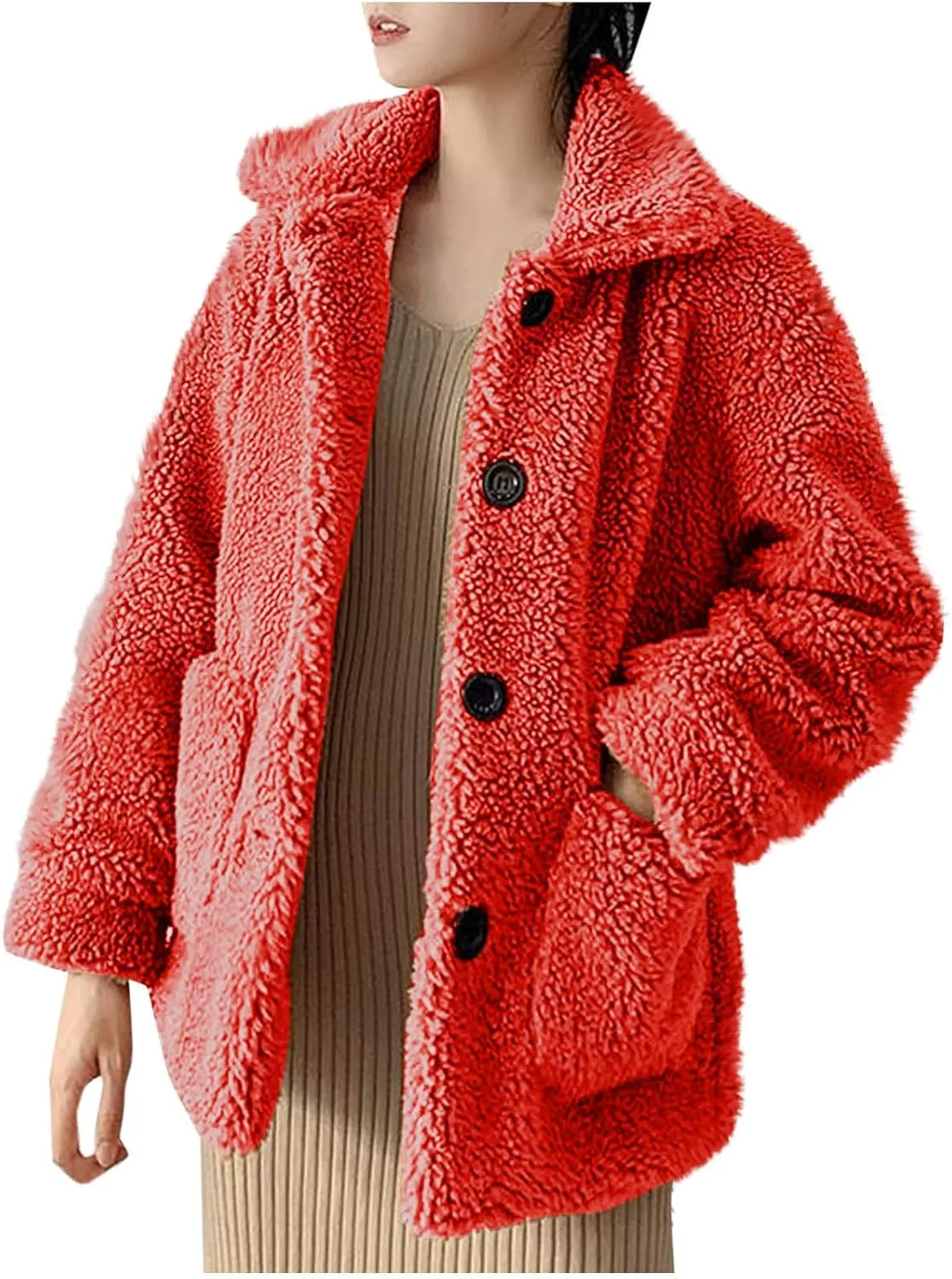 Long Winter Coats for Women Long Sleeve Hoodless Fleece Jackets Casual Loose Heated Coat with Pockets Outerwear