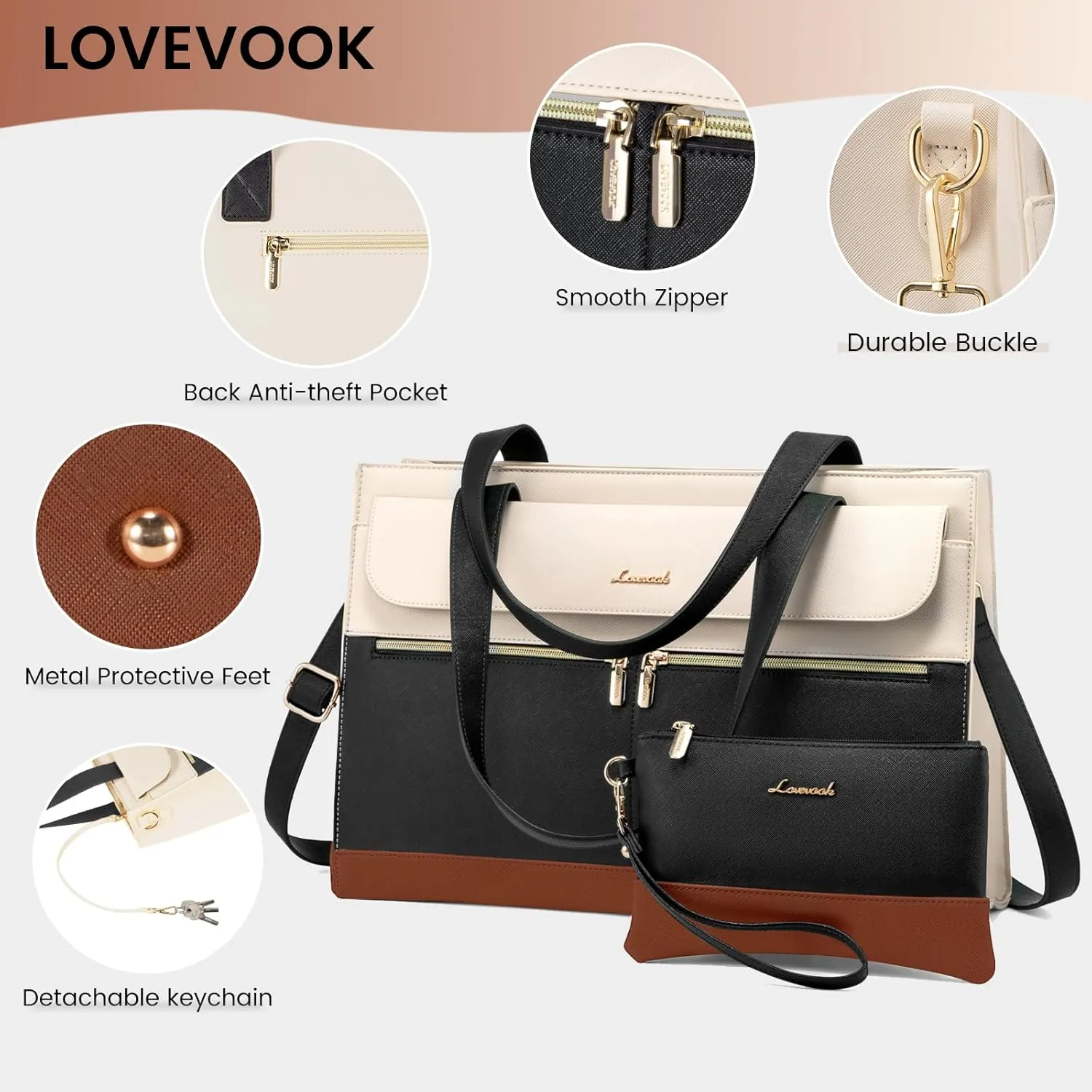 LOVEVOOK Laptop Bag for Women 15.6 Inch Laptop Tote Work Bag Professional Leather Computer Briefcase Waterproof Handbag Shoulder Bag Large Capacity Business Teacher Office Bag Crossbody Purse