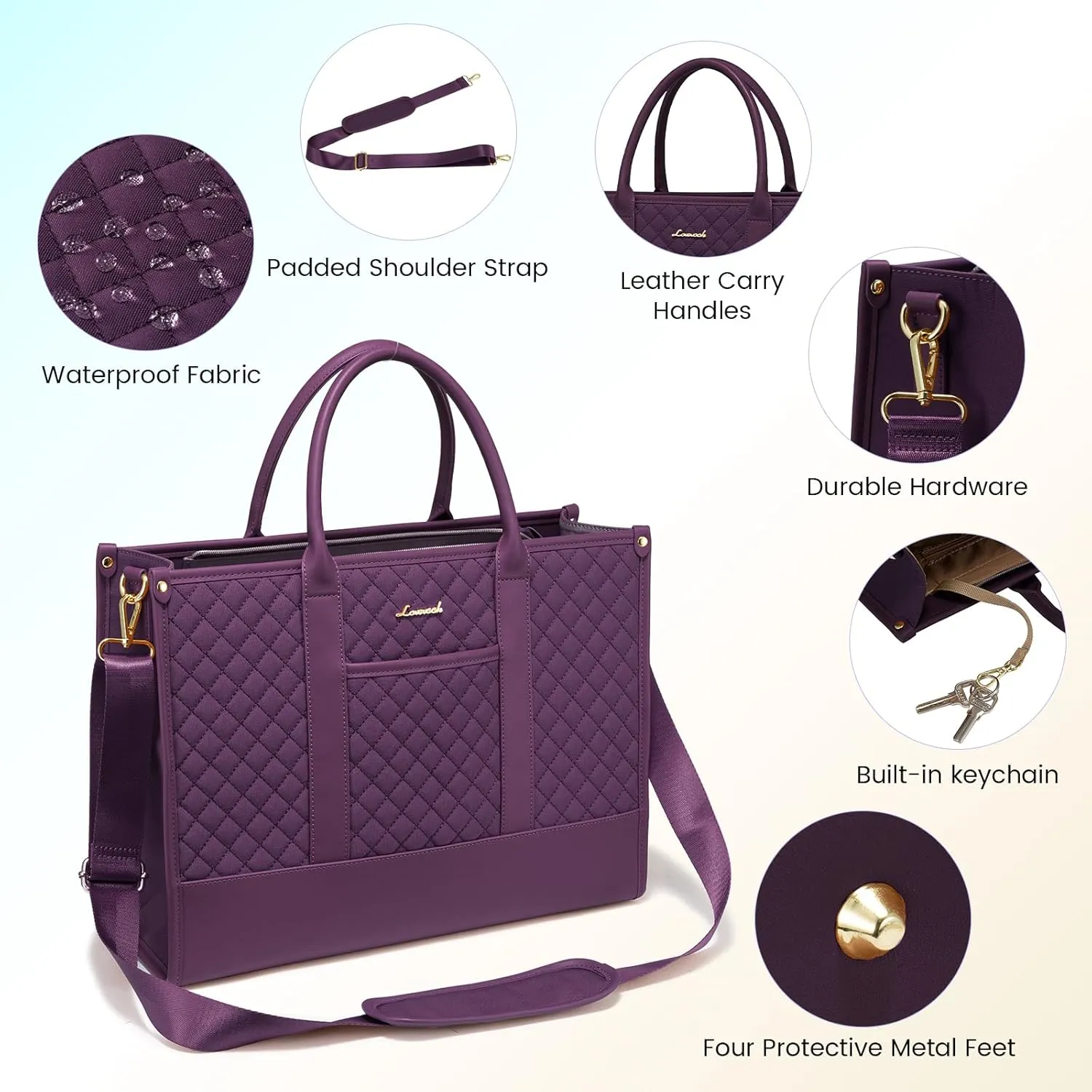 LOVEVOOK Laptop Bags for Women, 15.6 inch Waterproof Work Tote Bag with Clutch, Professional Teacher Computer Purse Lightweight Shoulder Bag Travel, Quilted Purple