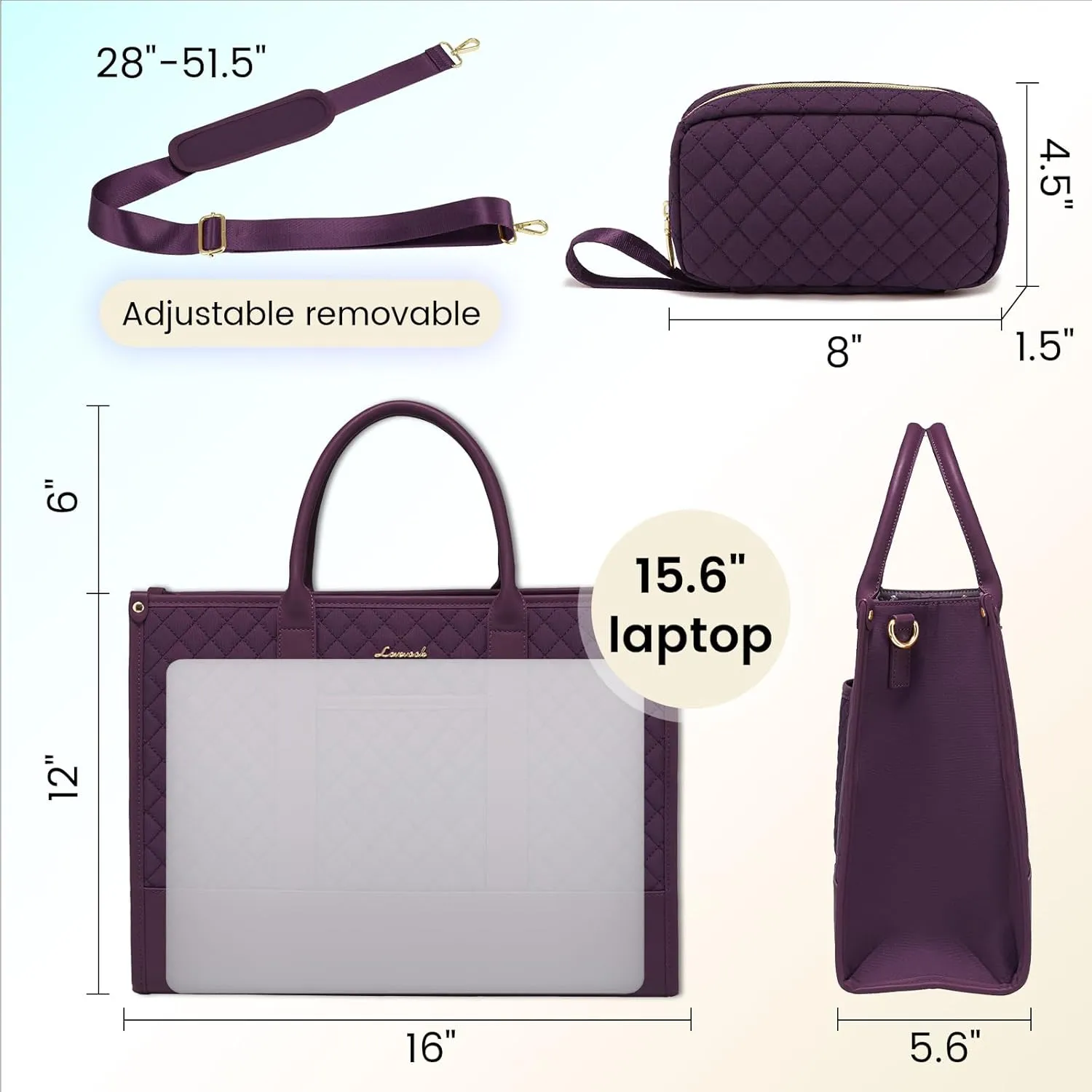 LOVEVOOK Laptop Bags for Women, 15.6 inch Waterproof Work Tote Bag with Clutch, Professional Teacher Computer Purse Lightweight Shoulder Bag Travel, Quilted Purple