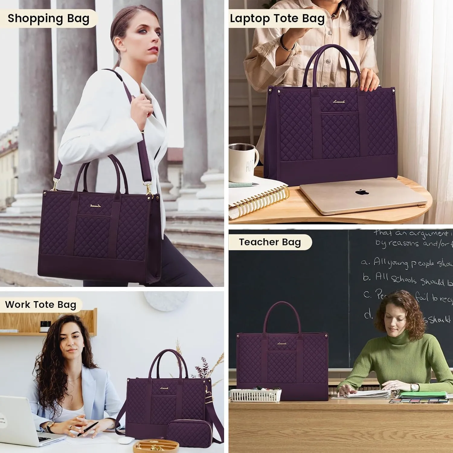 LOVEVOOK Laptop Bags for Women, 15.6 inch Waterproof Work Tote Bag with Clutch, Professional Teacher Computer Purse Lightweight Shoulder Bag Travel, Quilted Purple