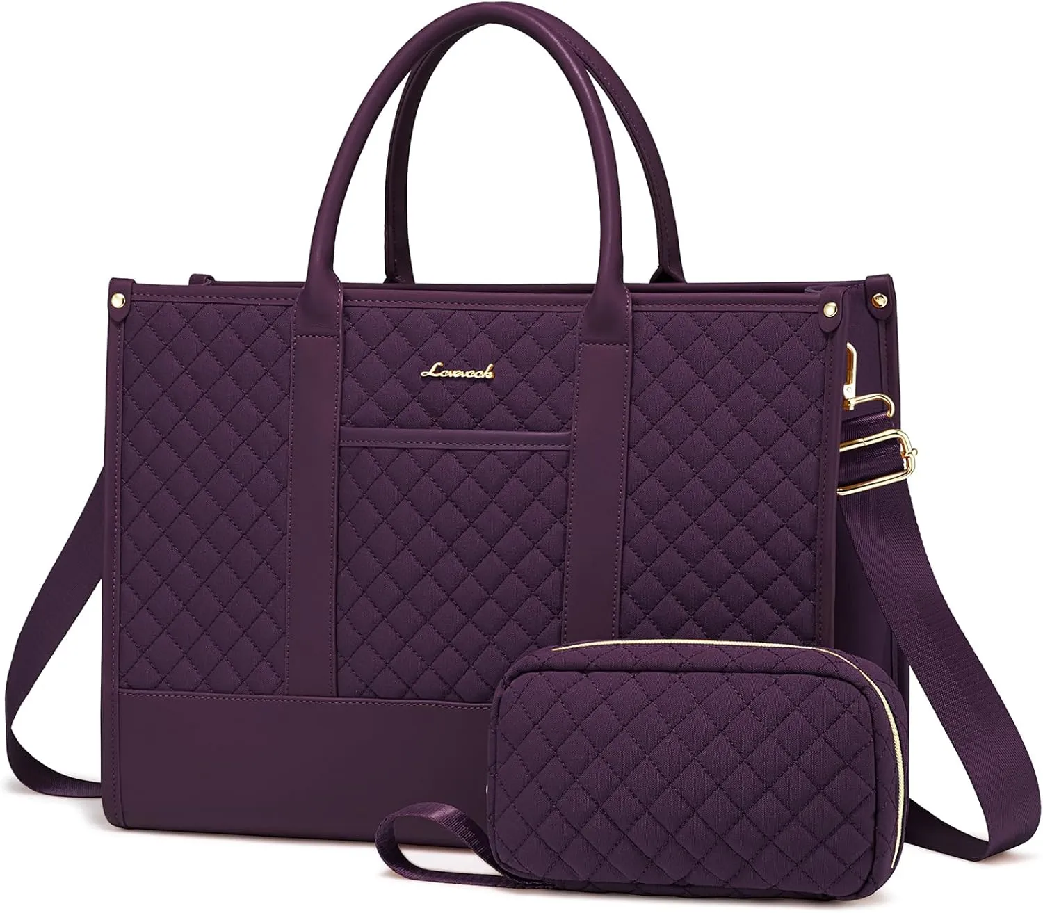 LOVEVOOK Laptop Bags for Women, 15.6 inch Waterproof Work Tote Bag with Clutch, Professional Teacher Computer Purse Lightweight Shoulder Bag Travel, Quilted Purple