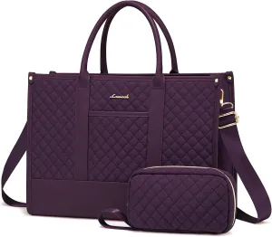 LOVEVOOK Laptop Bags for Women, 15.6 inch Waterproof Work Tote Bag with Clutch, Professional Teacher Computer Purse Lightweight Shoulder Bag Travel, Quilted Purple