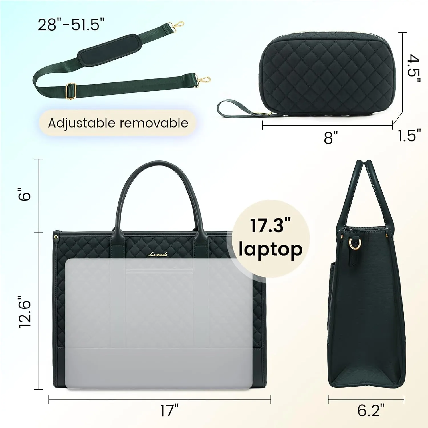 LOVEVOOK Laptop Bags for Women, 17 inch Waterproof Work Tote Bag with Clutch, Professional Teacher Computer Purse Lightweight Shoulder Bag Travel, green