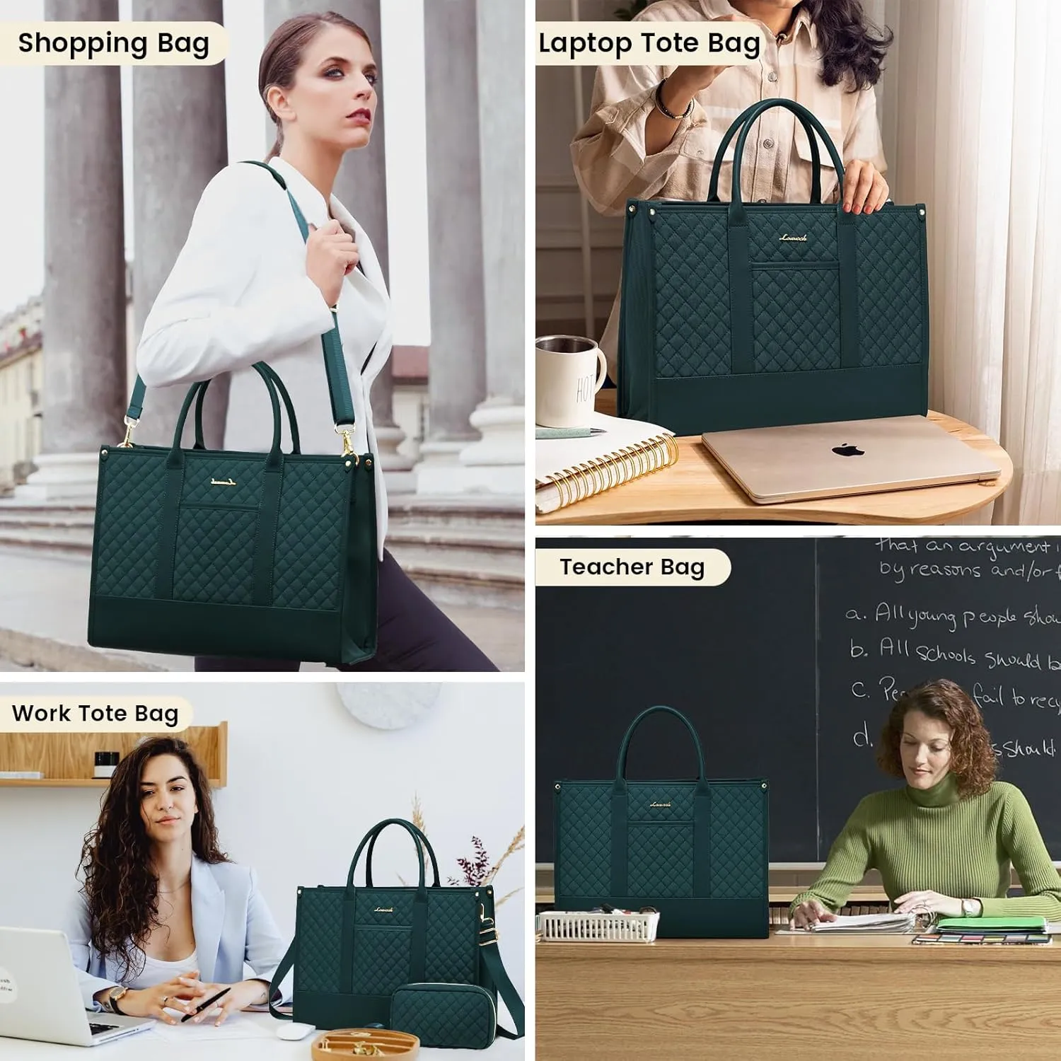 LOVEVOOK Laptop Bags for Women, 17 inch Waterproof Work Tote Bag with Clutch, Professional Teacher Computer Purse Lightweight Shoulder Bag Travel, green