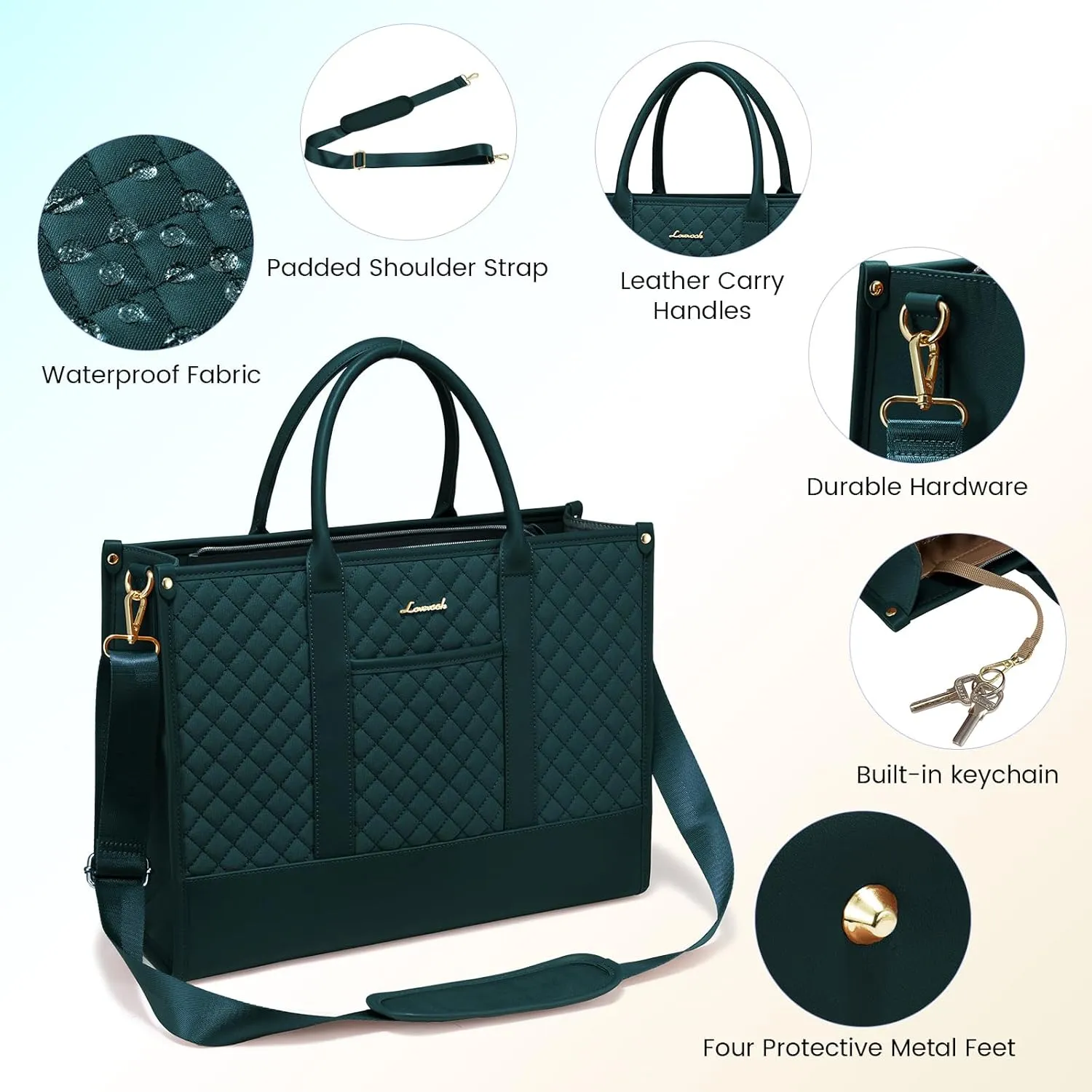 LOVEVOOK Laptop Bags for Women, 17 inch Waterproof Work Tote Bag with Clutch, Professional Teacher Computer Purse Lightweight Shoulder Bag Travel, green